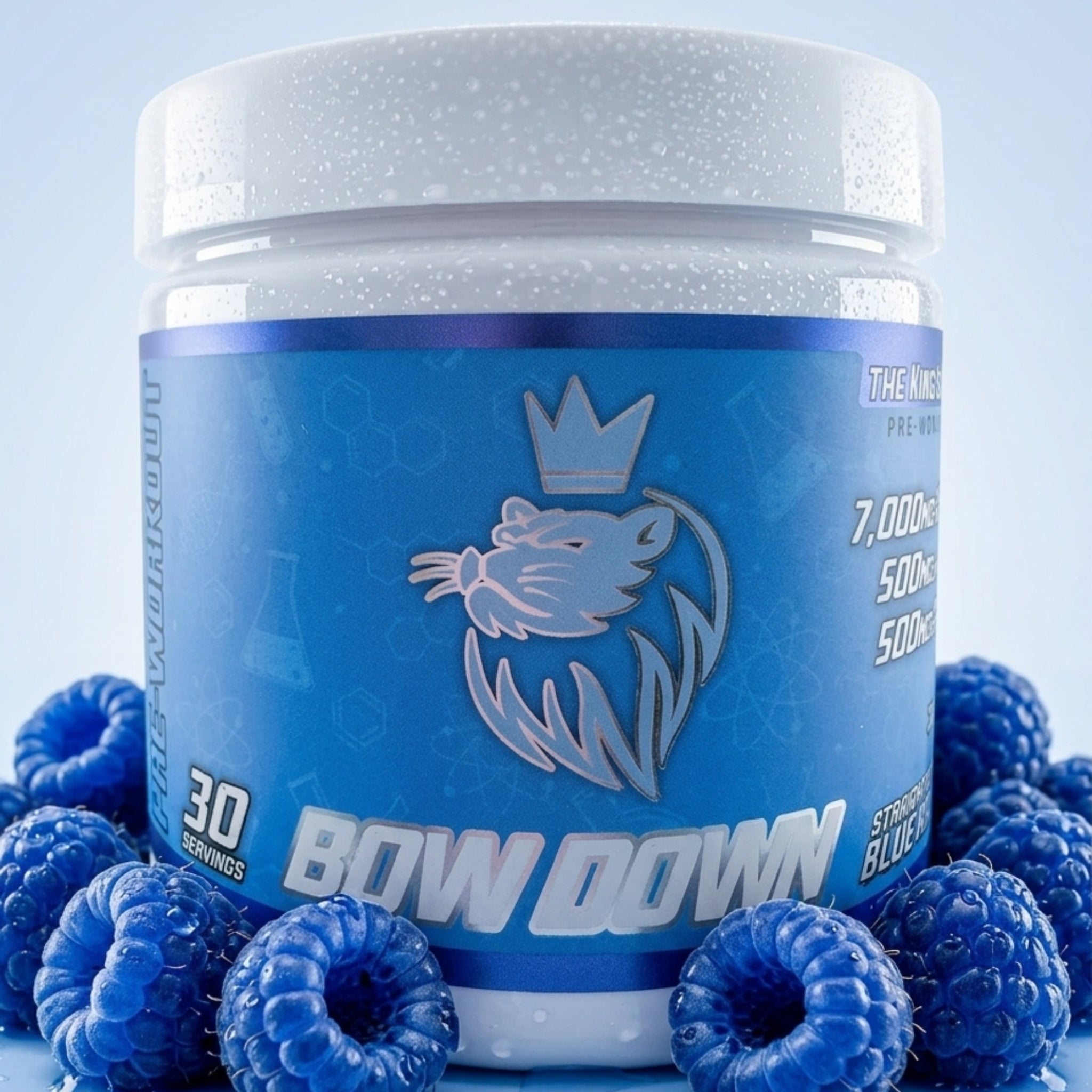 the King's lab Bow Down Straight Up Blue Razz pre-workout 30 servings yellow label front view