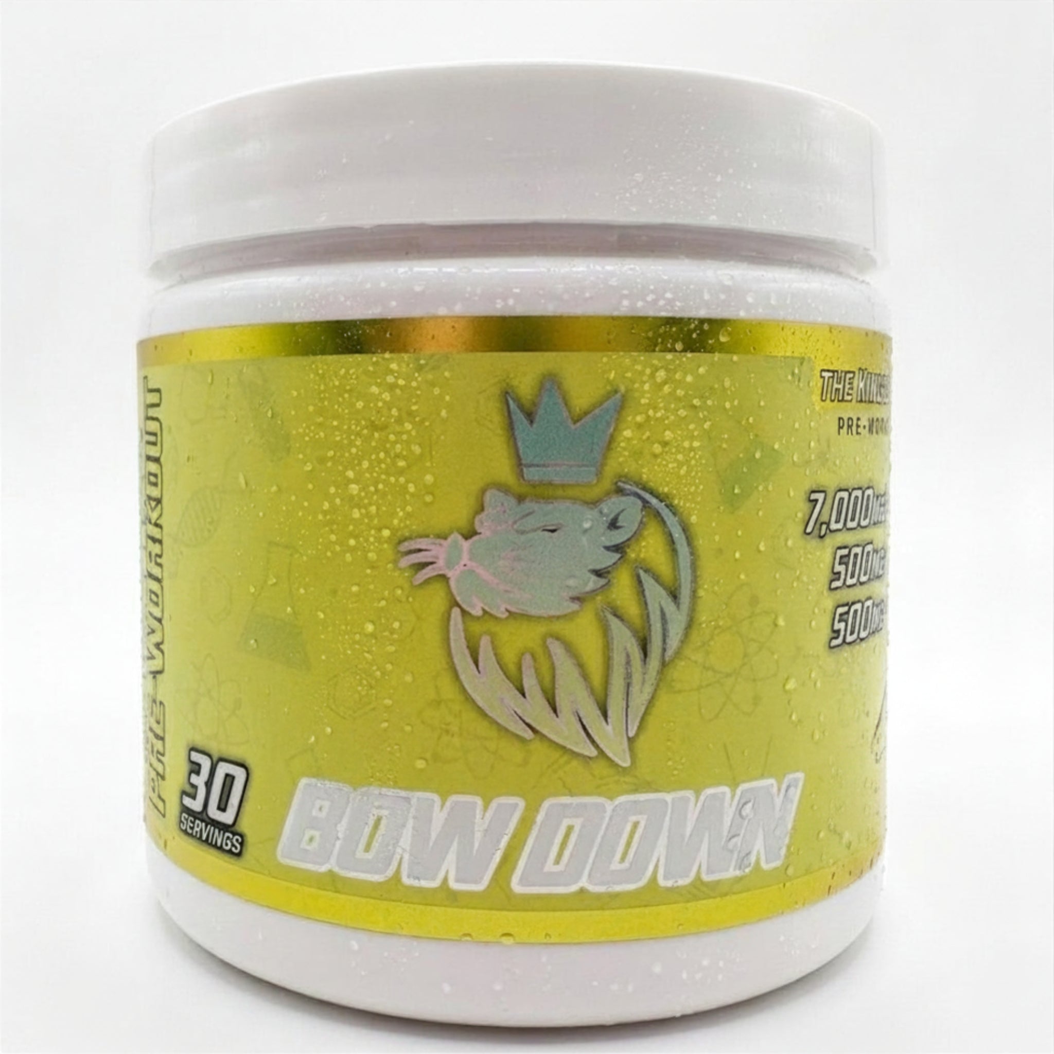 the King's lab Bow Down Juicy Lemon Gummies pre-workout 30 servings yellow label front view