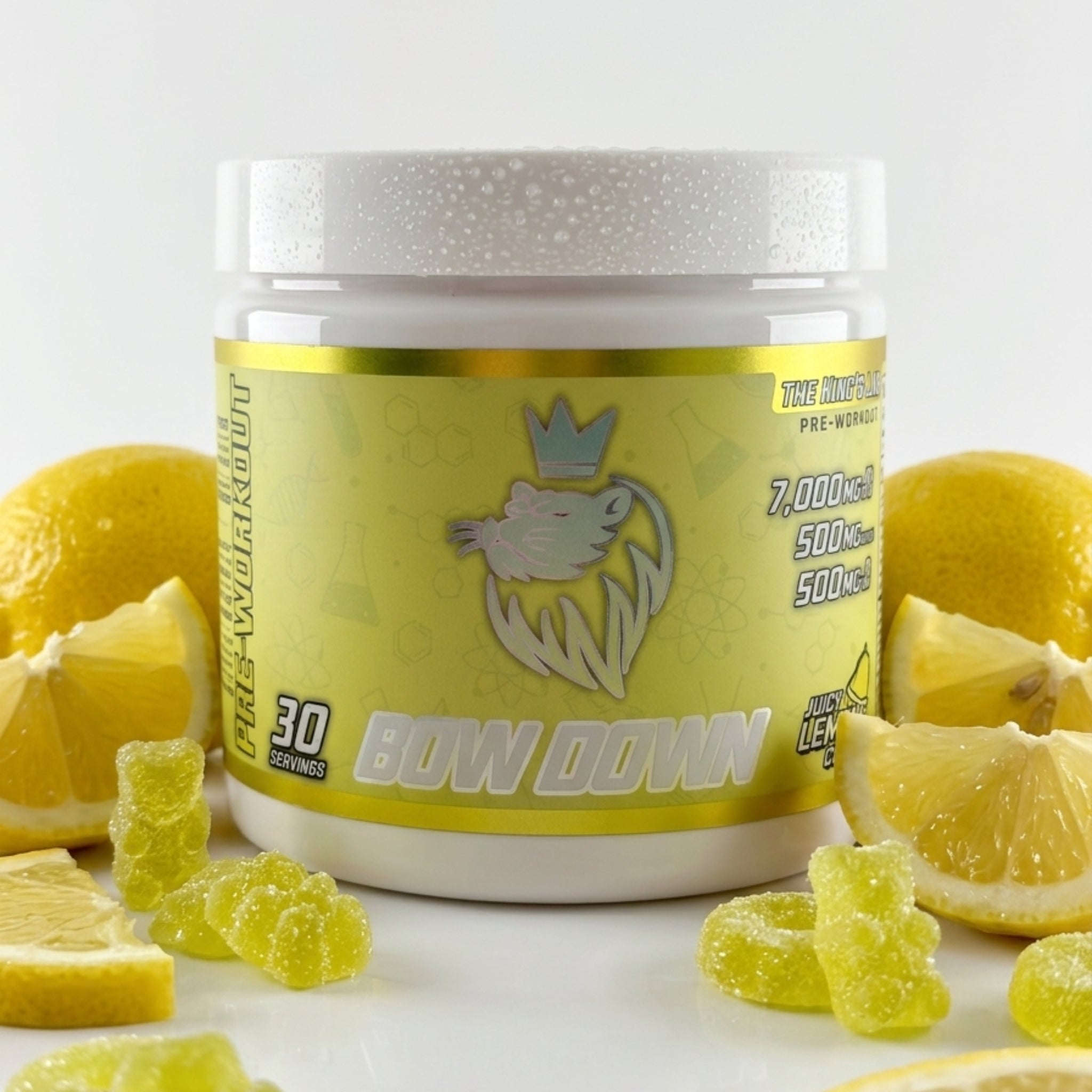 Yellow supplement container with gummy bears and lemons on a white background