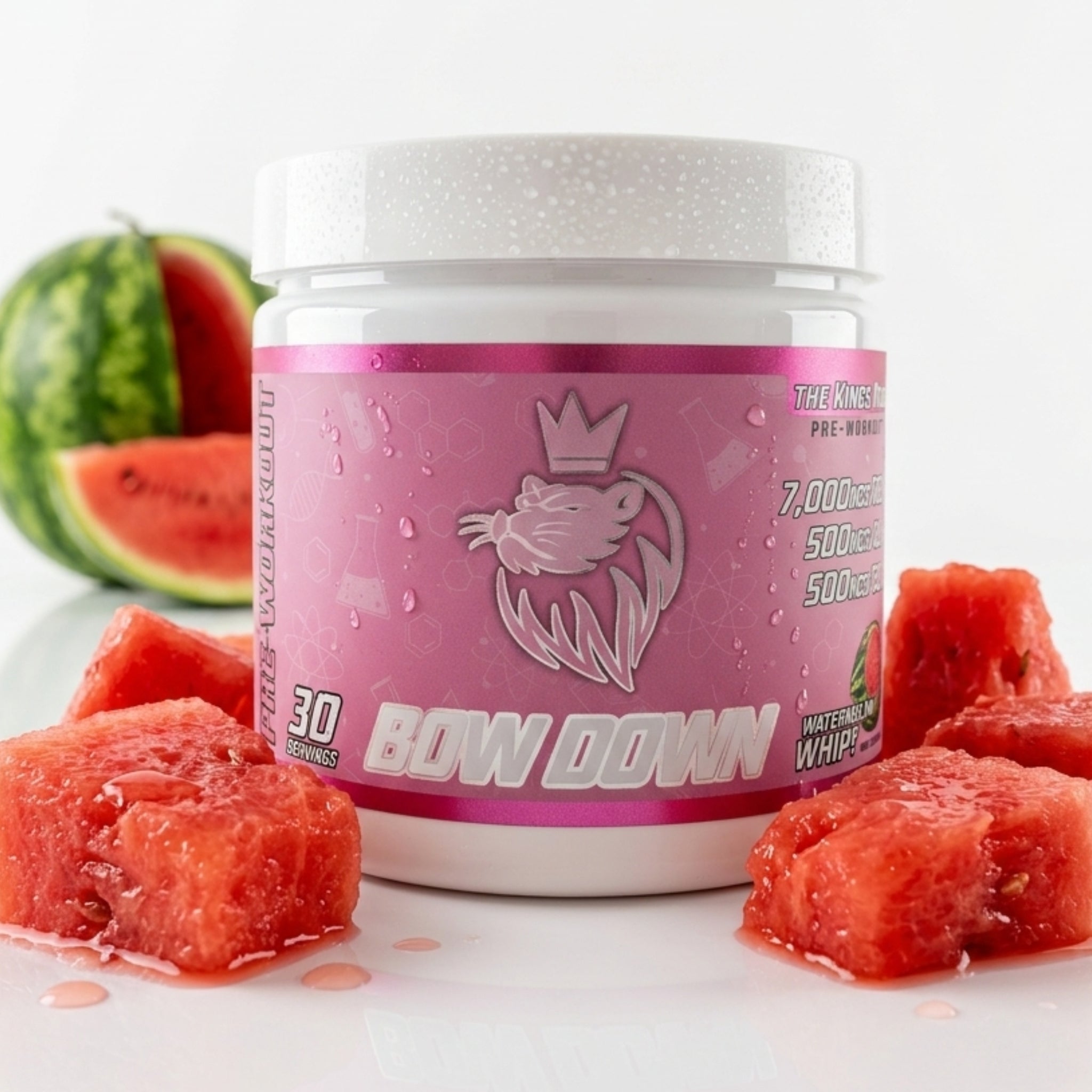 Pink supplement container labeled 'Bow Down' with watermelon pieces on a white background